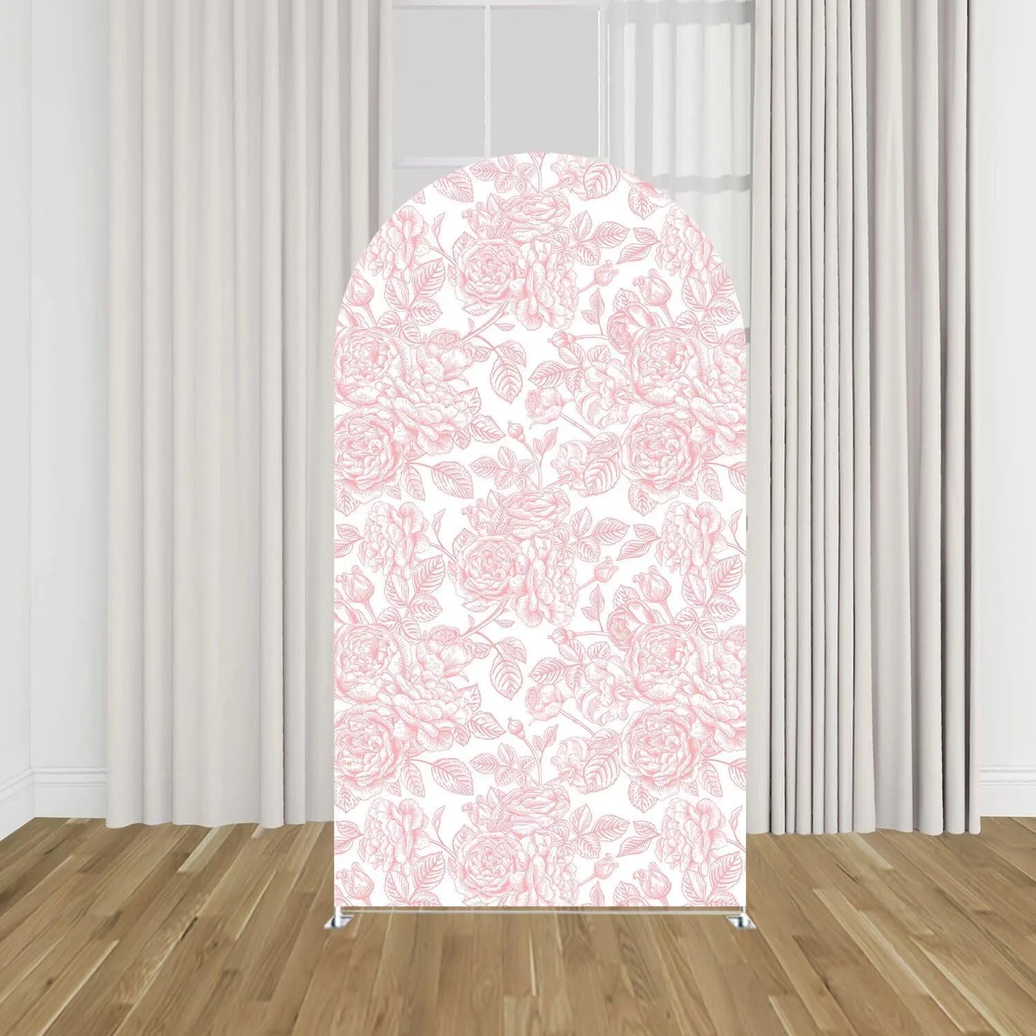 ピンクのリボンと小さな花が描かれたアーチ型の背景カバー、ピンクの伸縮性のあるアーチ型スタンドカバー、コケットガールの誕生日パーティーの装飾に