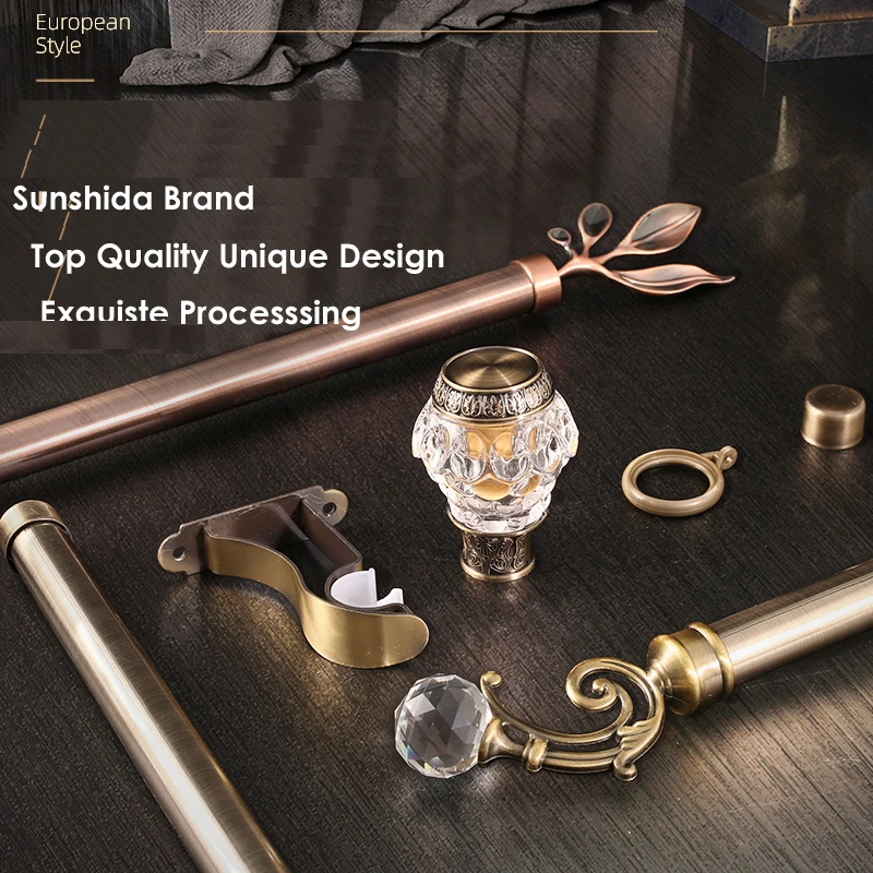 Sungshida Plated Brass 28mm Big Diameter Single Curtain Pole Drapery Rod Set Metal Brackets Vintage Crystal+ Metal URN Finial