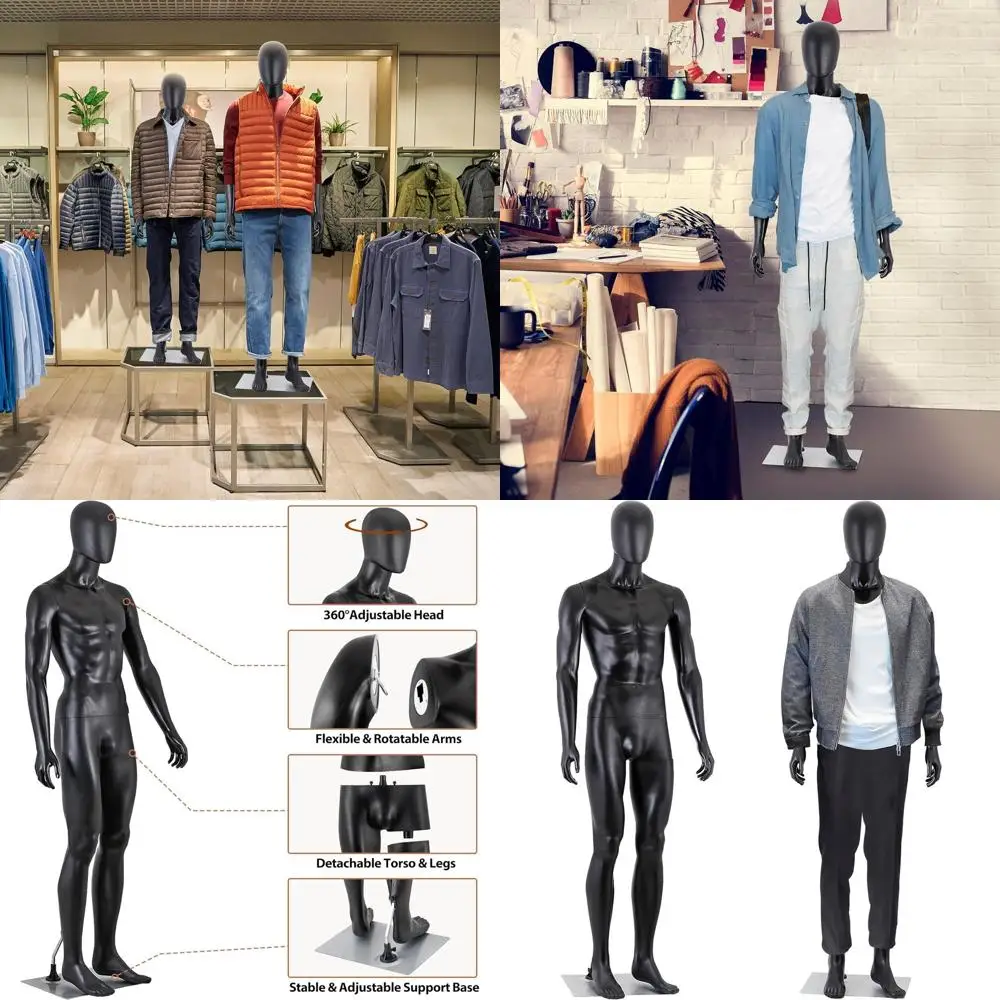 

Adjustable Full-Body Male Mannequin with Flexible Limbs, 73 Height, Detachable for Clothing Display (Black)