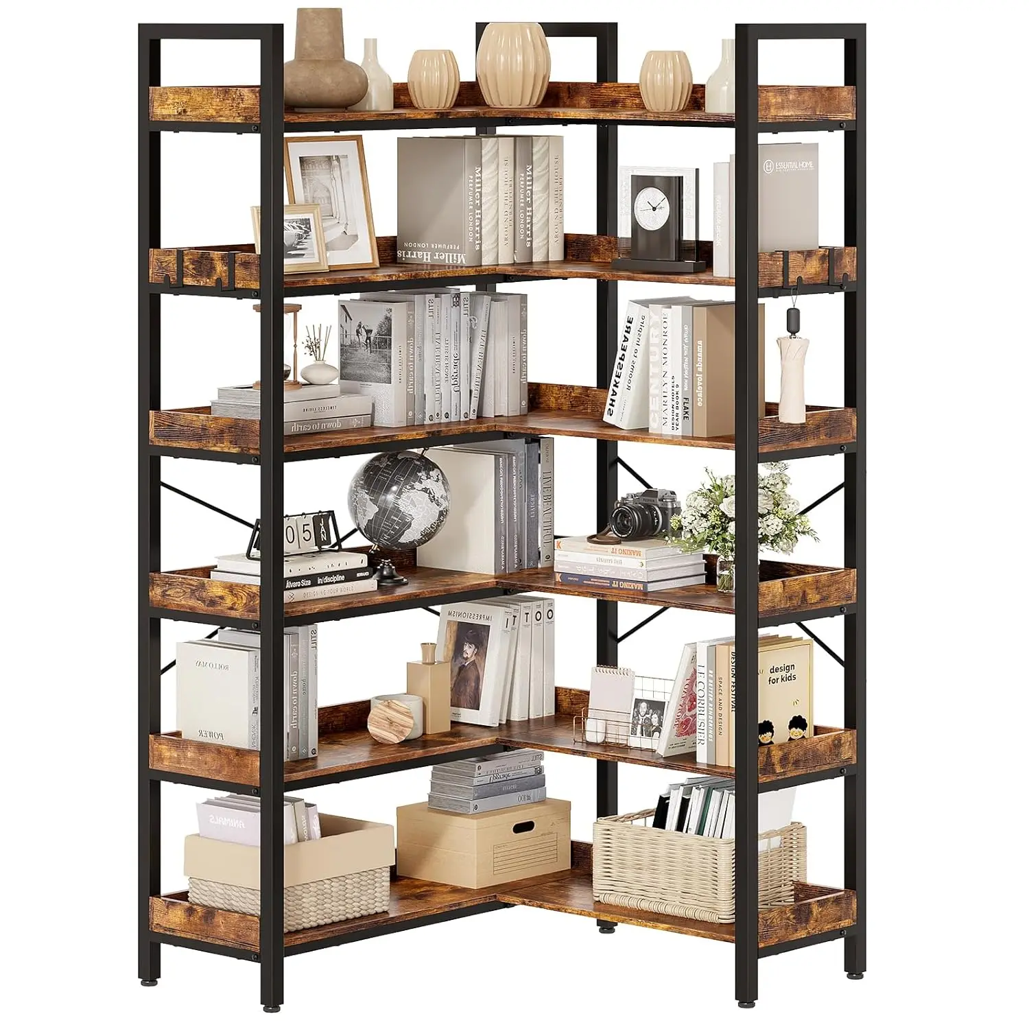 L-Shaped Corner Bookshelf 6-Tier Open Shelf With 4 Hooks 69