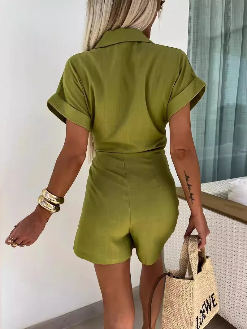 Damski kombinezon w jednolitym kolorze, z krótkim rękawem, z wysokim stanem, spodnie o długości 7/8, rozszerzane nogawki, regularny krój, cienki, letni, nowość.