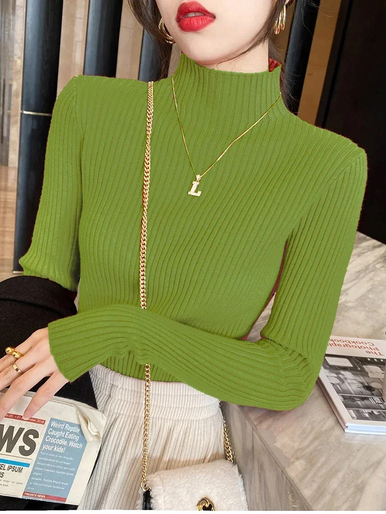 Beiläufige Dünne Elegante Solide Grund Gestrickte Tops Frauen Rollkragen Pullover Langarm Pullover Koreanische Mode Einfache Chic Kleidung