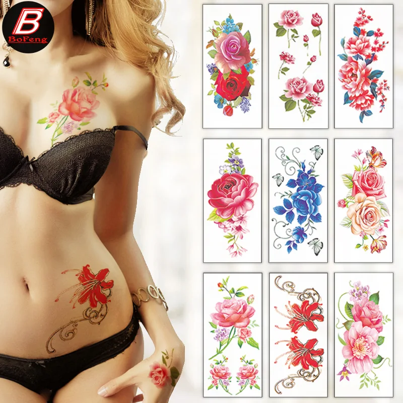 

Sexy Flower Tattoo Waterproof Women's Durable Peony Rose Plum Blossom Scar Covering Colorful Temporary Tattoos Sticker 90*190mm