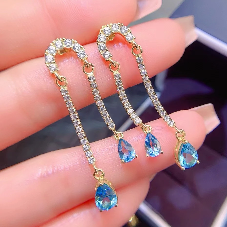 Total 1.6ct Natural Topaz Drop Earrings for Wedding Allergy Free VVS Grade Light Blue Topaz 925 Silver Earrings with Gold Plated