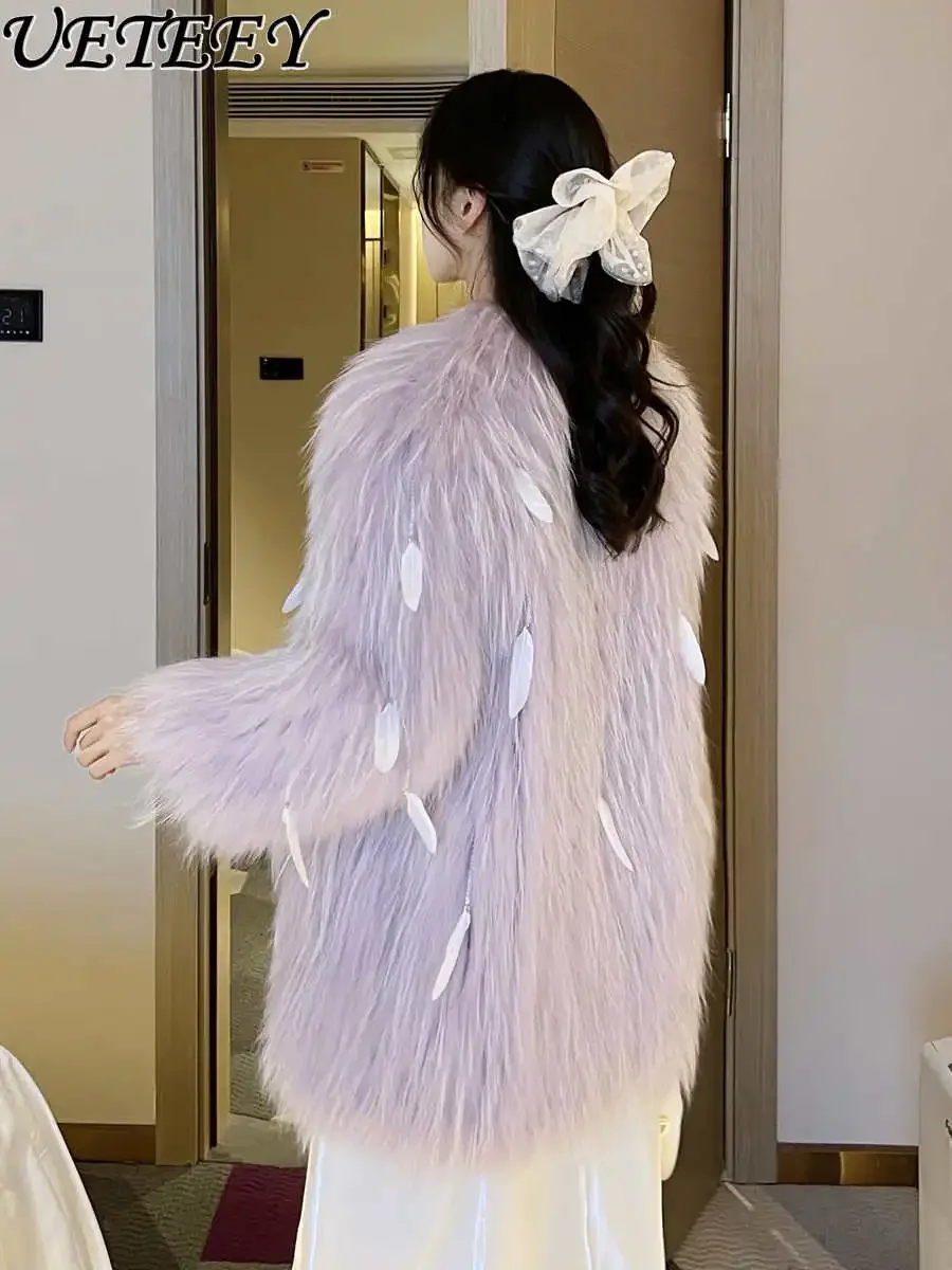 2023 New Fur Coat Women's Winter Imitation Fox Fur Mid-Length Korean Style Elegant Pearl Tassel Thickened Raccoon Fur Coat