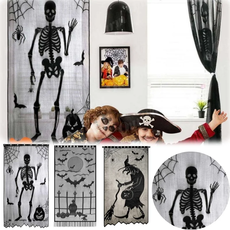 Halloween Skeleton Door Curtain Halloween Bat Window Drape Black Lace Door Panel Scary Gothic Decor for Spooky Party Home Decor