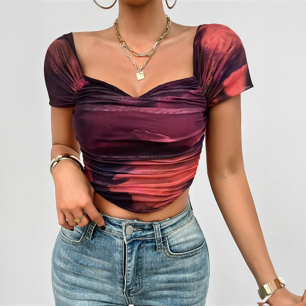 

Sexy Tops for Women Clothing Streetwear Spring Summer 2025 Slim Fit Printed Casual Short Sleeve T-Shirt Fashion V-Neck Pullover