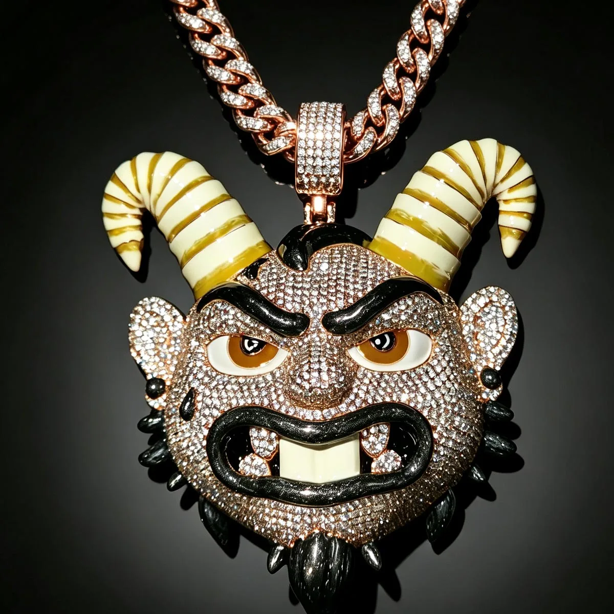 Iced Out 3D Cartoon Demon Goat Head Pendant Full Bling Sparkling CZ 18K Gold Plated Hip Hop Enamel Horn Monster Face Charm Necklace Fine Jewelry For Men Rapper Street Party Club Daily Wear Statement Cuban Chian Accessory Bold Edgy Hipster Ornament Gift