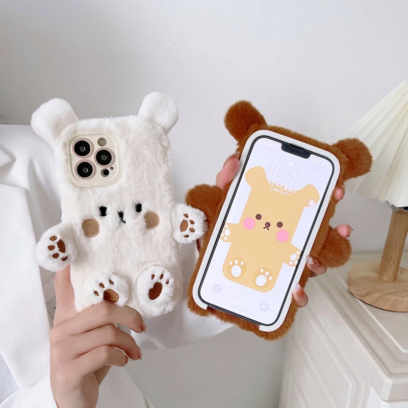 For Samsung Galaxy S10E S10 S9 S8 S7 S6 S10 Note 10 LIte 10 Plus 9 8 Cute White Bear Brown Bear Ears Phone Case Plush Back Cover