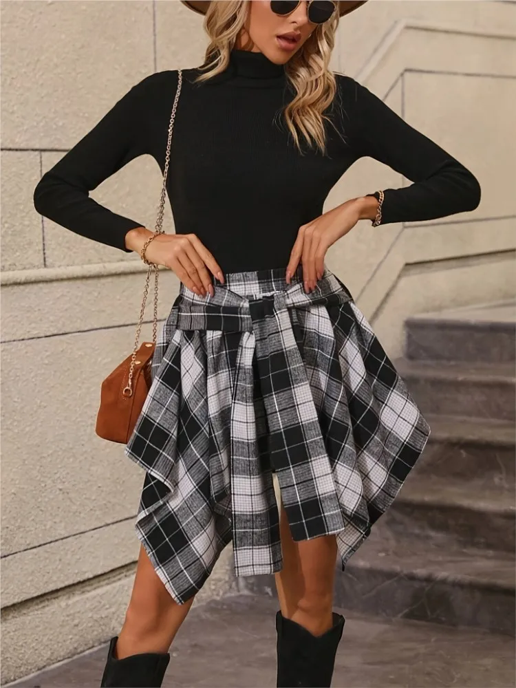 New Fashion Asymmetrical Plaid Wrap Sleeve Fake Shirt Skirt - High Waist A-line Mini Skirt Women's Spring Summer Casual Outfit