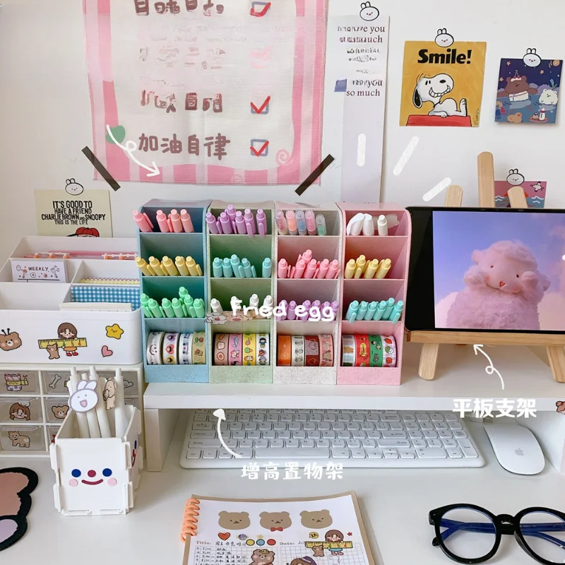 Grid Desktop Storage Box Macaron Color Pen Holder Pencil Makeup Brush Lipstick Storage Organizer Simple School Stationery