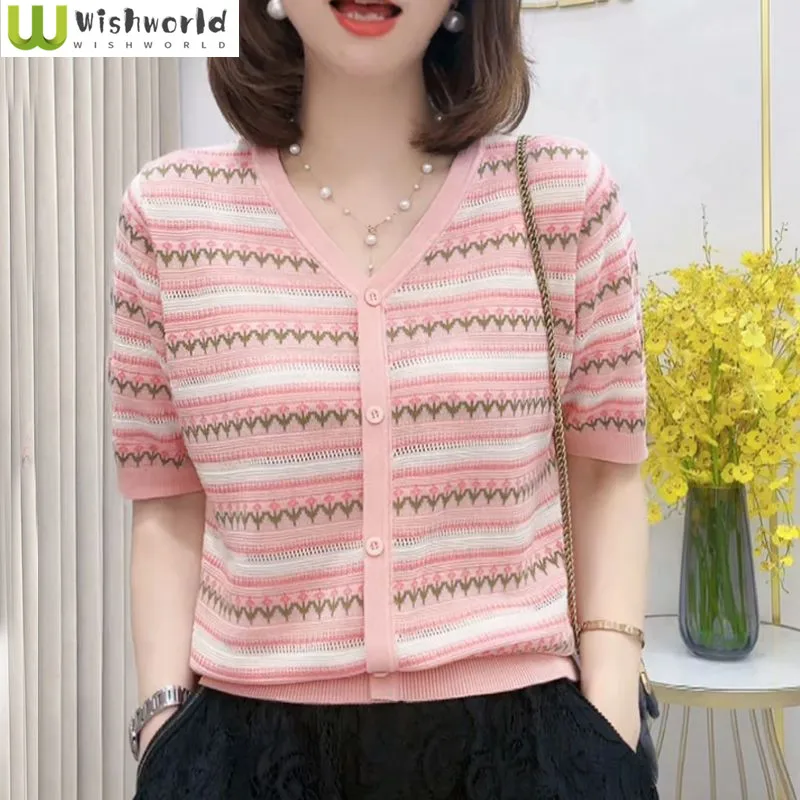 

Cardigan T-shirt Women's Loose Fitting Korean Version Stylish and Stylish Short Sleeved Patchwork, Versatile Ice Silk Top