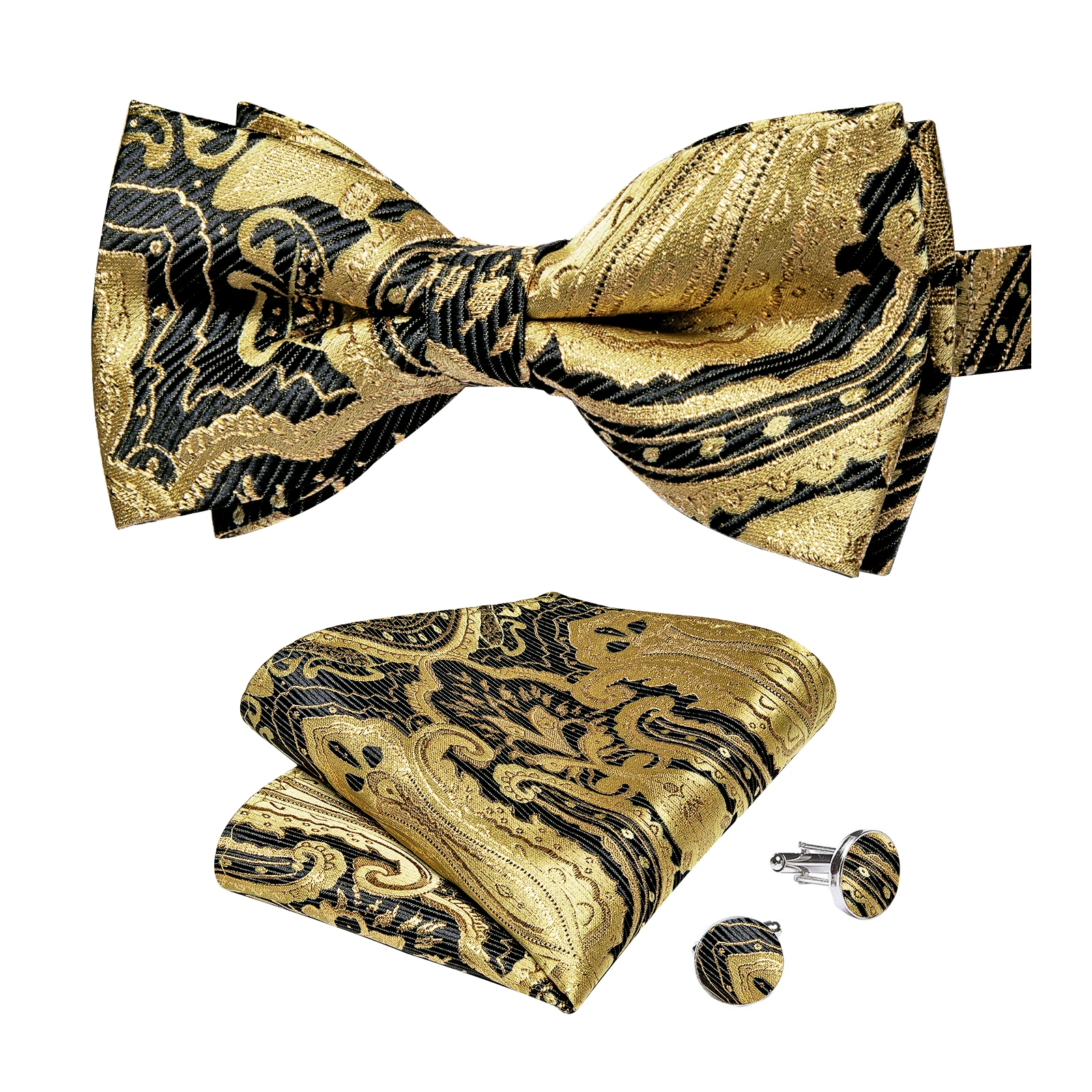 Klassisches schwarzes Herren-Fliege-Set mit Einstecktuch und Manschettenknöpfen – Paisley Gold Vorgebundene Fliege – Detail 5