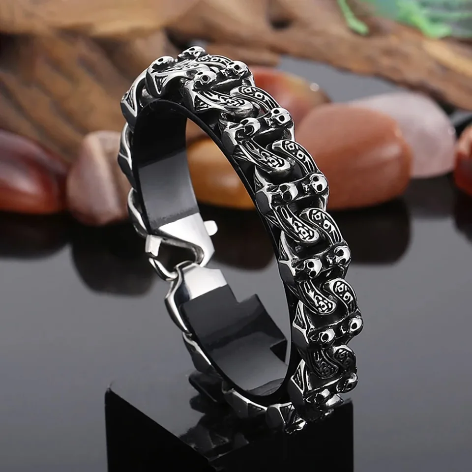 

Vintage Gothic 316L Stainless Steel Skull Bracelets For Men Boys Punk Hip Hop Skeleton Bangles Party Biker Jewelry Dropshipping