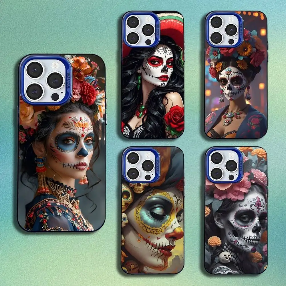 

Day of the Dead Mexican Catrina Skull Phone Case For iPhone 16,15,14,13,12,11,Mini,Pro,SE,MAX Blue Matte Silicone Cover