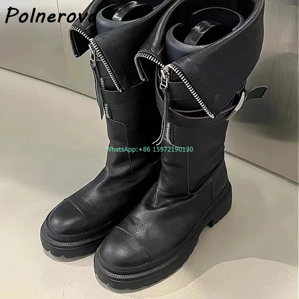 Fringe Buckle Belt Knee High Boots Solid Black Round Toe Thick Soled Zipper Leather Boots Knight High Top New Fashion Boots