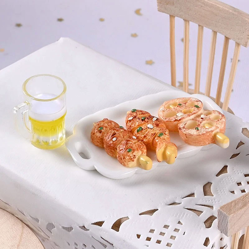 Mini brocheta de cocina para casa de muñecas, juego de aperitivos fritos para barbacoa, modelo de accesorios de juego de comida en miniatura