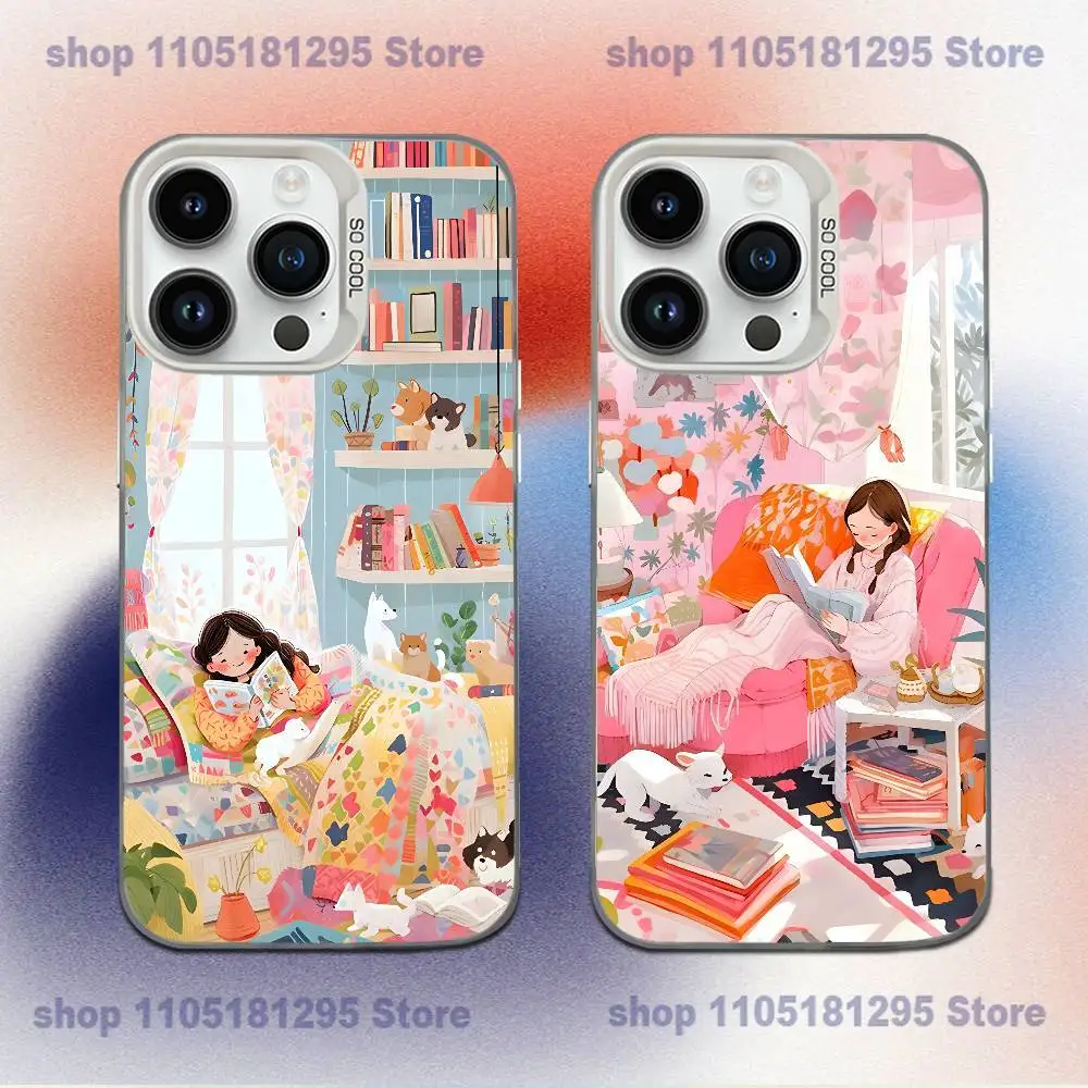 

Cozy Reading Bookshelf Girl Phone Case For iPhone 17,16,15,14,13,12,11,XR,Mini,Pro,E,MAX White Candy Matte Shockproof Cover