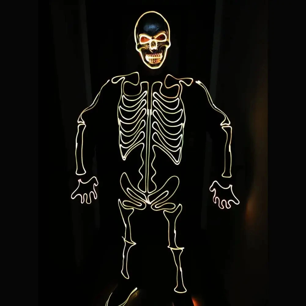 Halloween Maske LED Skelett Kostüm Erwachsene Neuheit Anzug Disco Party Dj Nachtclub Tänzerin Künstler Mann Kostüm