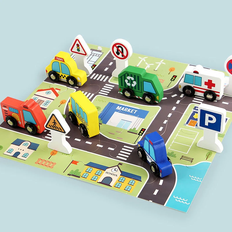Wooden Inertia Toy Car Set, Children's Cartoon Animal Building Blocks 3d Puzzle Education Traffic Scene Cognition Toy, XT261