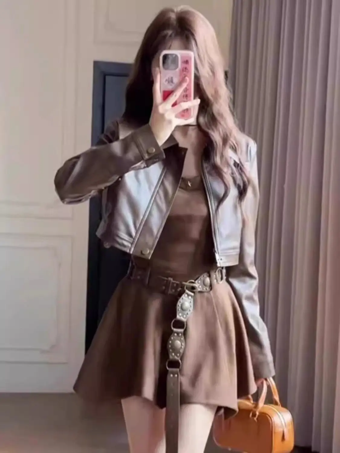 Retro Fashion Spring Autumn Women's Set Short Leather Jacket Midi Dress Two-Piece Set Anti-Wrinkle High Waist Slim Fit