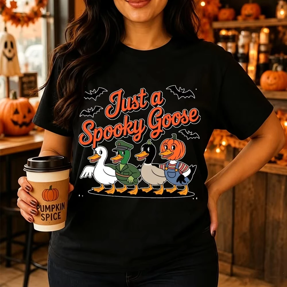 Halloween Just A Spooky Goose T-Shirt Cute Ducks Pumpkin Graphic Print Short Sleeve Loose Casual Family Party Men Women Tees