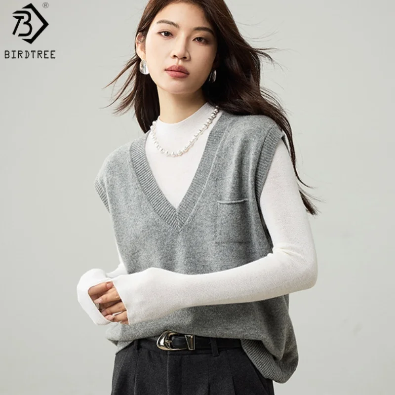 

Birdtree Вязаный жилет из 100% мериносовой шерсти с v-образным вырезом, женские модные топы без рукавов, осенний свободный серый зеленый жилет 2025 T59731JF