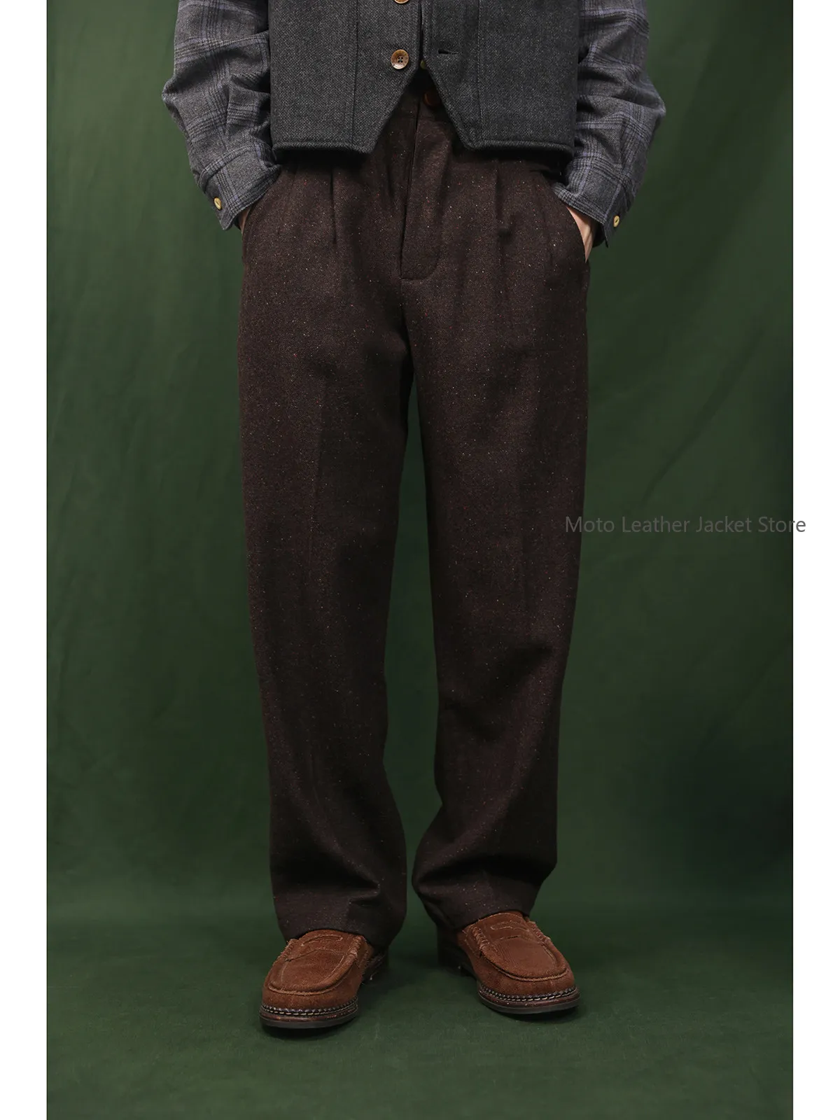 Secondorder FW24 Tweed Wool TRS 100% Wool Tweed Vintage Double Pleat Versatile Long Pants