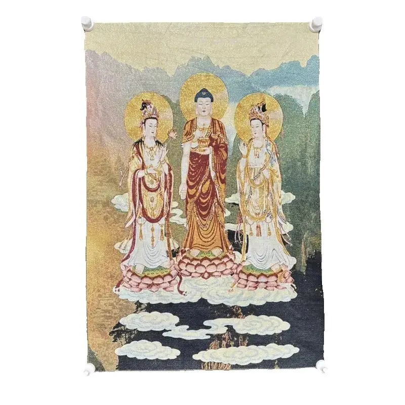 Chinese Antique Silk Brocade Tangka Painting - Embroidery of the Three Saints of the West Buddha Statue Wall Art
