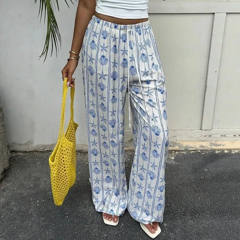 Women's Summer Pants Ethnic Print Drawstring Waist Trousers Full Length Casual Pants Wide Leg Starfish Print Printed Pants