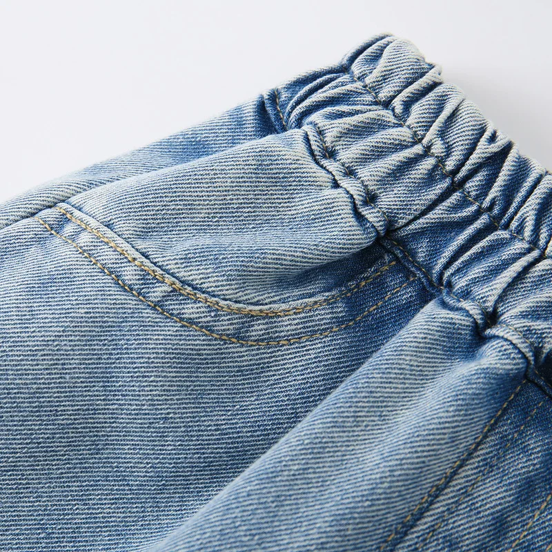 2026 Spring Children Girl Jeans Cartoon Patchwork Pocket Kids Girls Denim Pants Casual Elastic Waist Infant Babys Girls Trousers