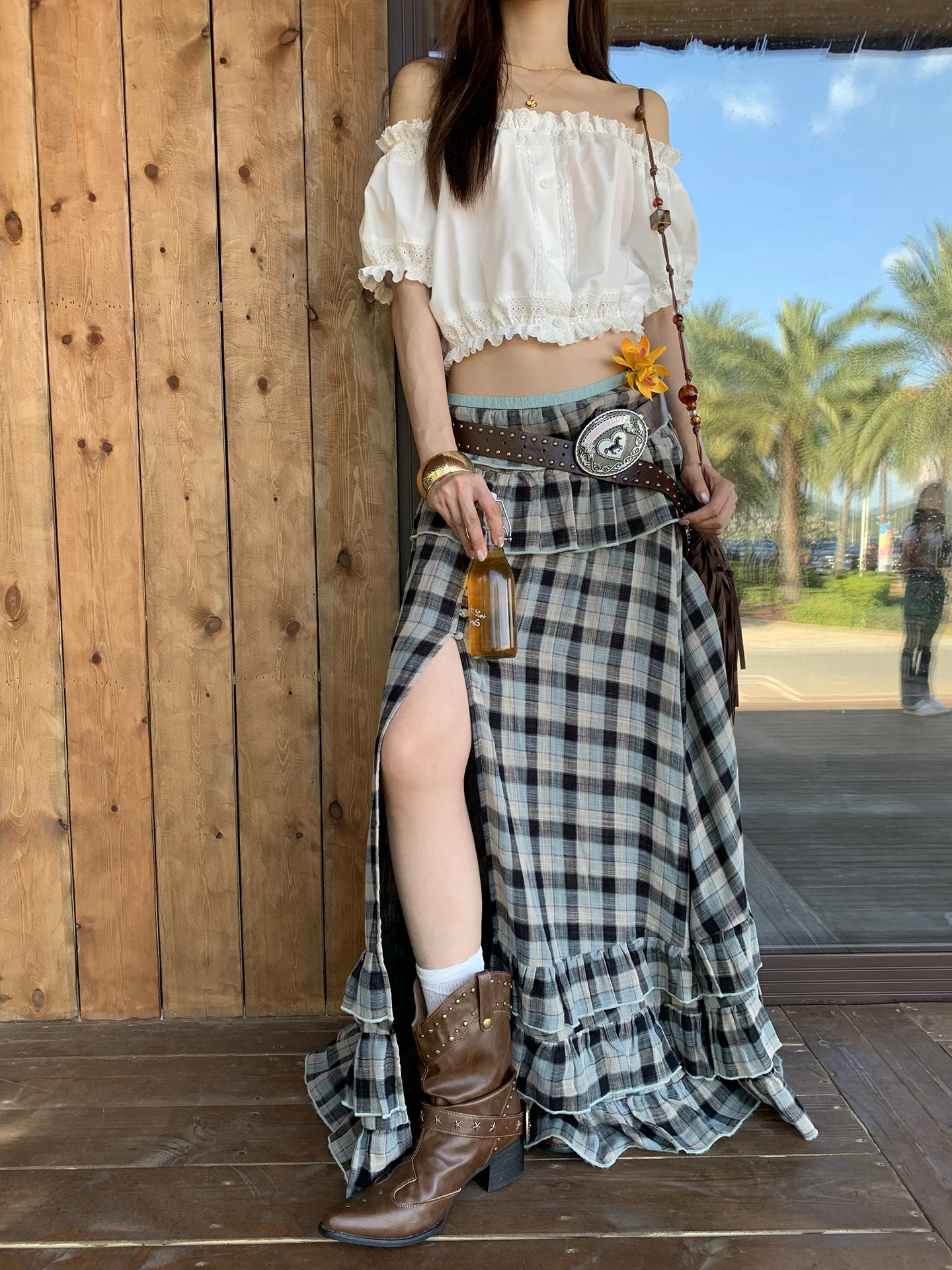 

Pure Cotton Plaid A-Line Skirt Women's Spring Summer Low Waist Casual Style Standard Fit Cotton Gingham Skirts