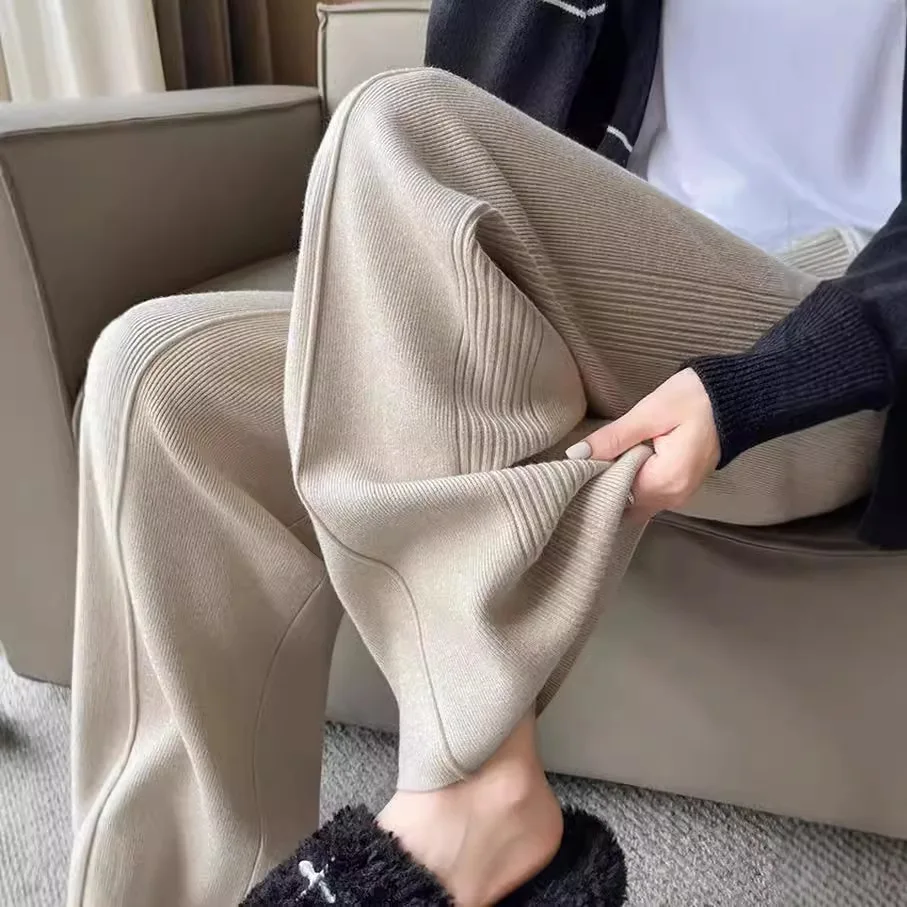 Moda drape pit strip malha calças de perna larga feminina nova fina casual calças de perna reta até o chão calças compridas 2025 primavera a