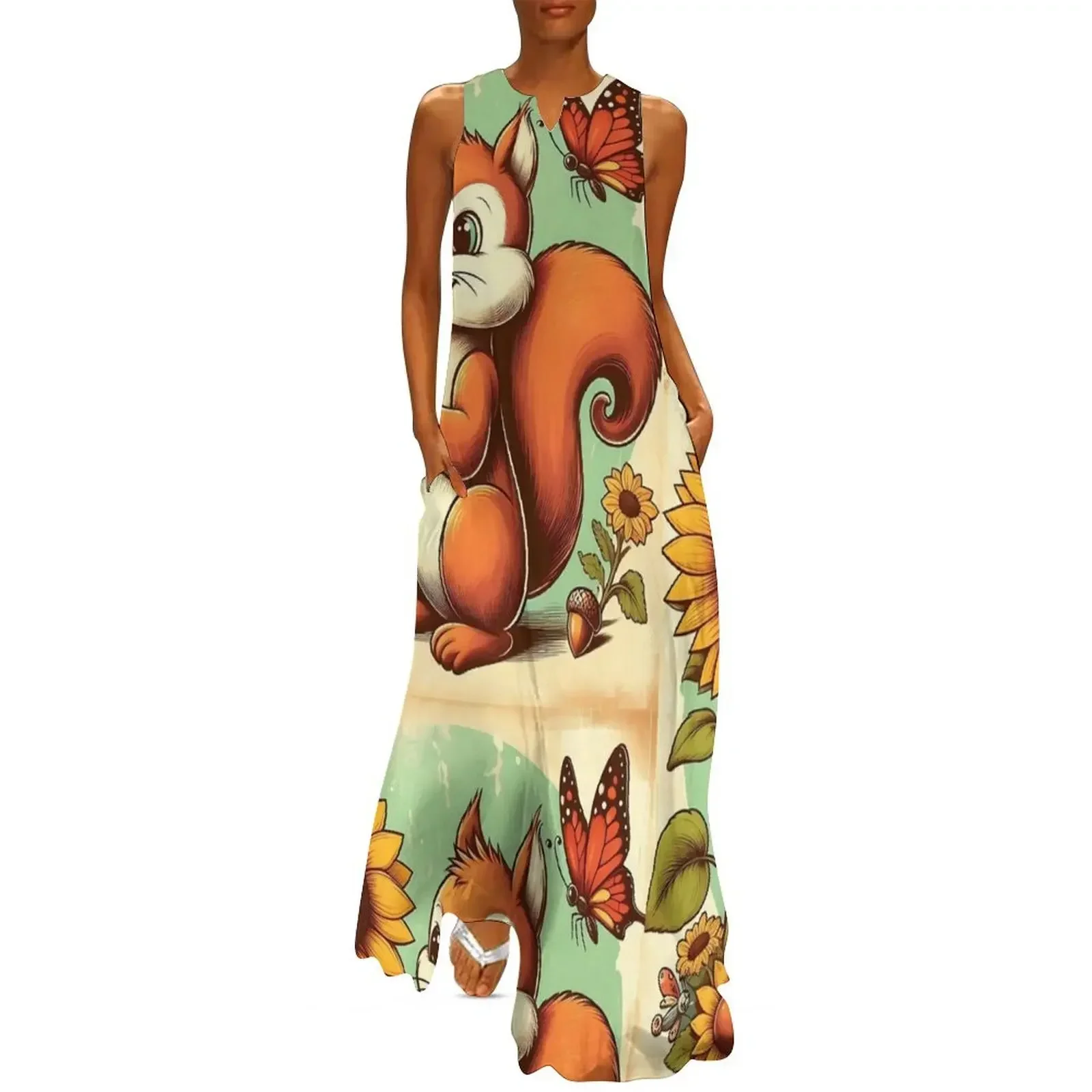 

Cute Squirrel Holding Acorn with Sunflowers and Butterfly Long Dress luxury woman party dress Dress