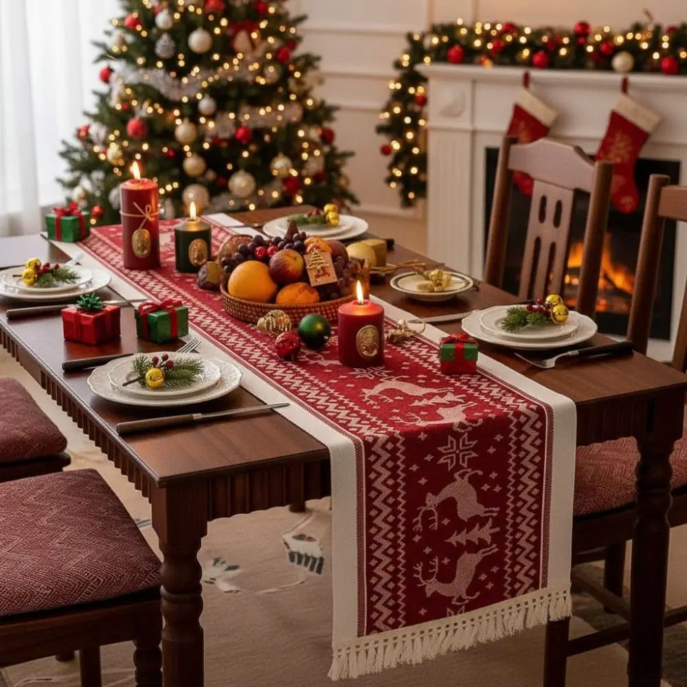 

Creative Rectangle Christmas Table Runner Red Thickened Elks Tablecloth Washable Table Flag Table Cover Restaurant
