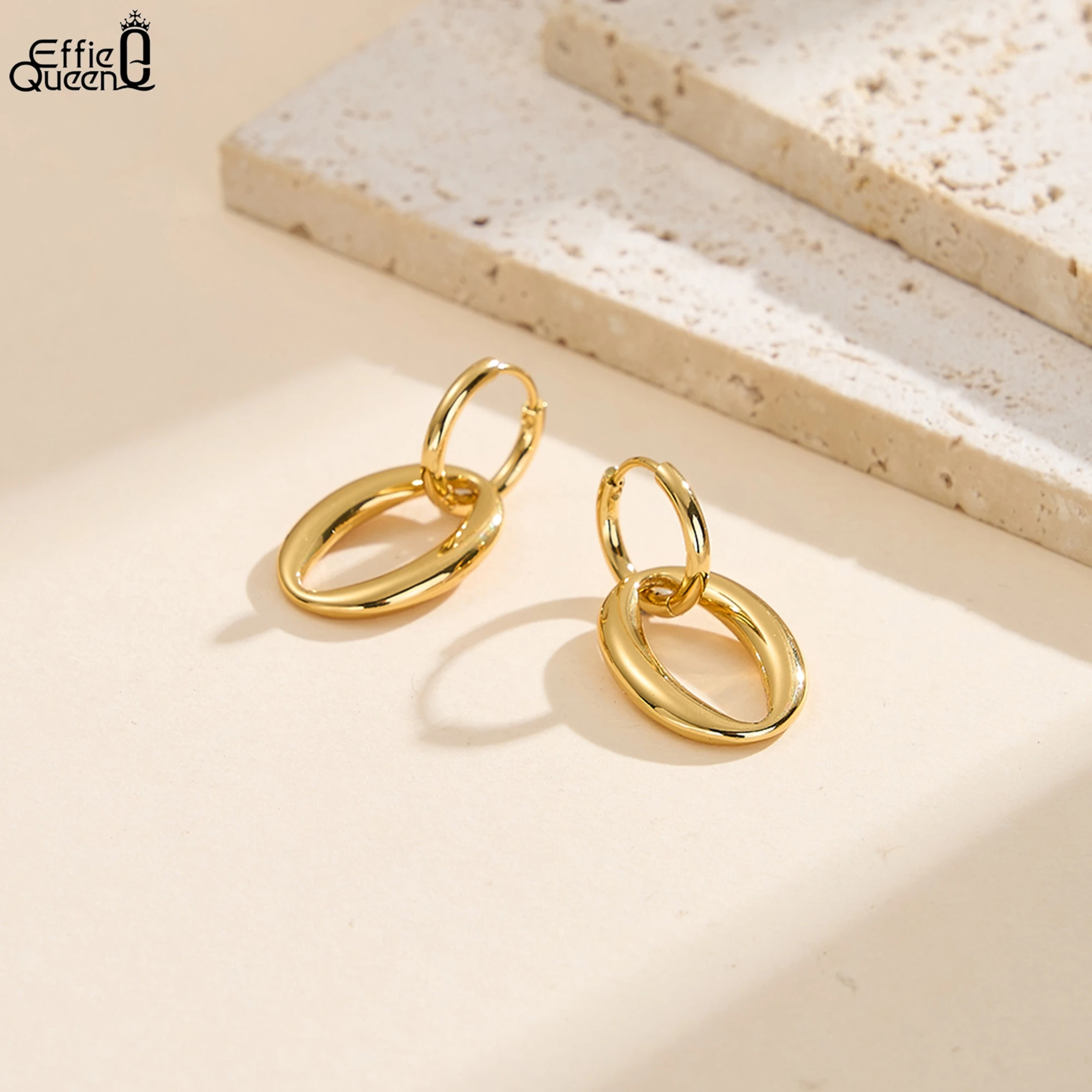 

Серьги-подвески Effie Queen из нержавеющей стали с двойным кольцом и покрытием из 18-каратного золота, вневременные украшения для женщин, аксессуар для уха для отпуска и вечеринок STKE24