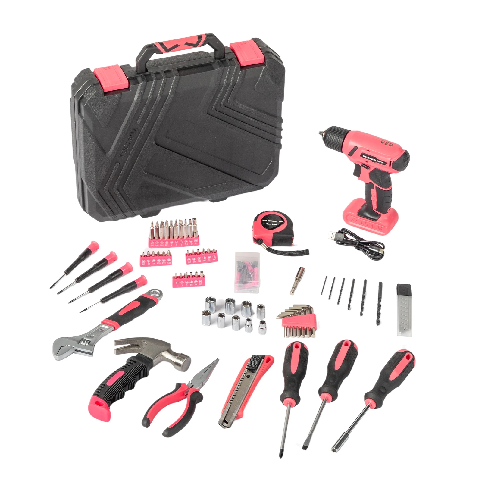 

146-Piece Drill Set with 8V Pink Cordless Drill, Home Tool Kit with Drill, House Repairing Hand Tool Kits with Portable Case, fo