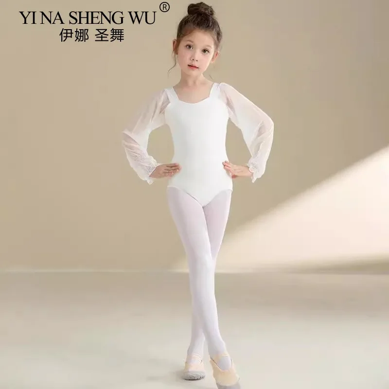 ربيع لطيف الطفل طفل الباليه طويلة الأكمام يوتار Dancewear شبكة كم الأبيض رياضة الرقص ارتداءها القمم الفتيات راقصة ازياء #2