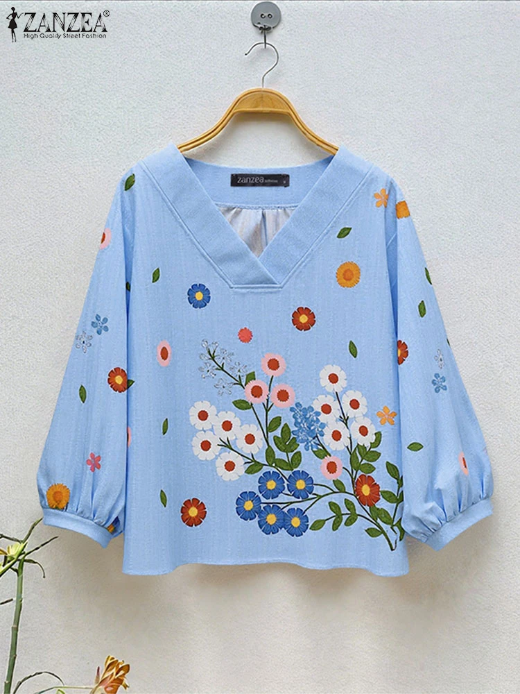 ZANZEA 2025 Fashion Women's Blouse Vintage Floral Print Shirts3/4 Sleeve V-Neck Casual Tops Autumn Famale Loose Clothing Blusas