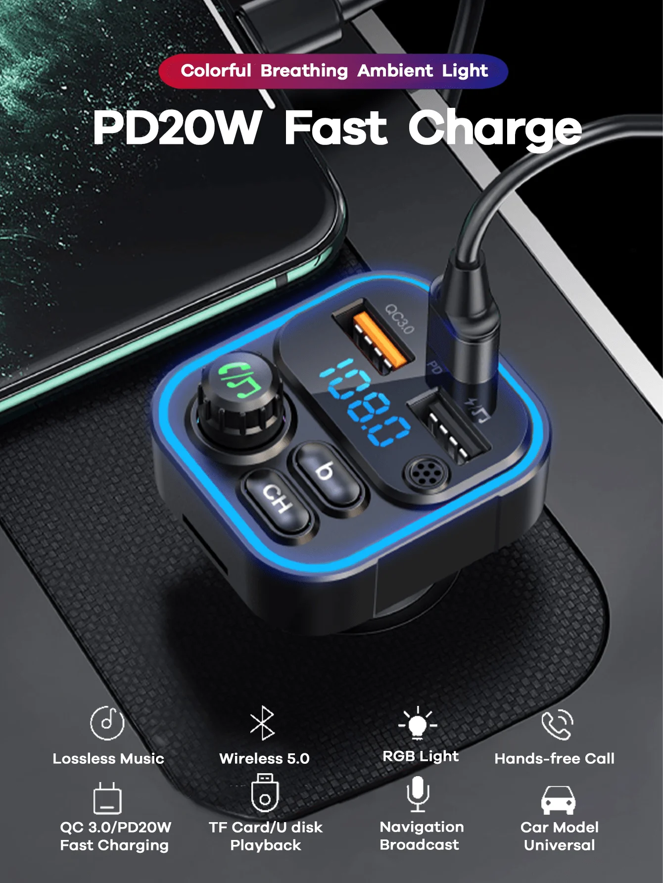 Smart Car Bluetooth FM Transmitter With PD20W QC3.0 Fast Charging, RGB Breathing Light, Hands-Free Call, Lossless Audio & TF/U