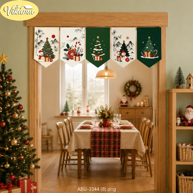 VIKAMA New Chinese-Style Christmas Triangle Banners, Ink-Washed Bamboo Fabric Triangle Banner Set, Holiday Party Decorations