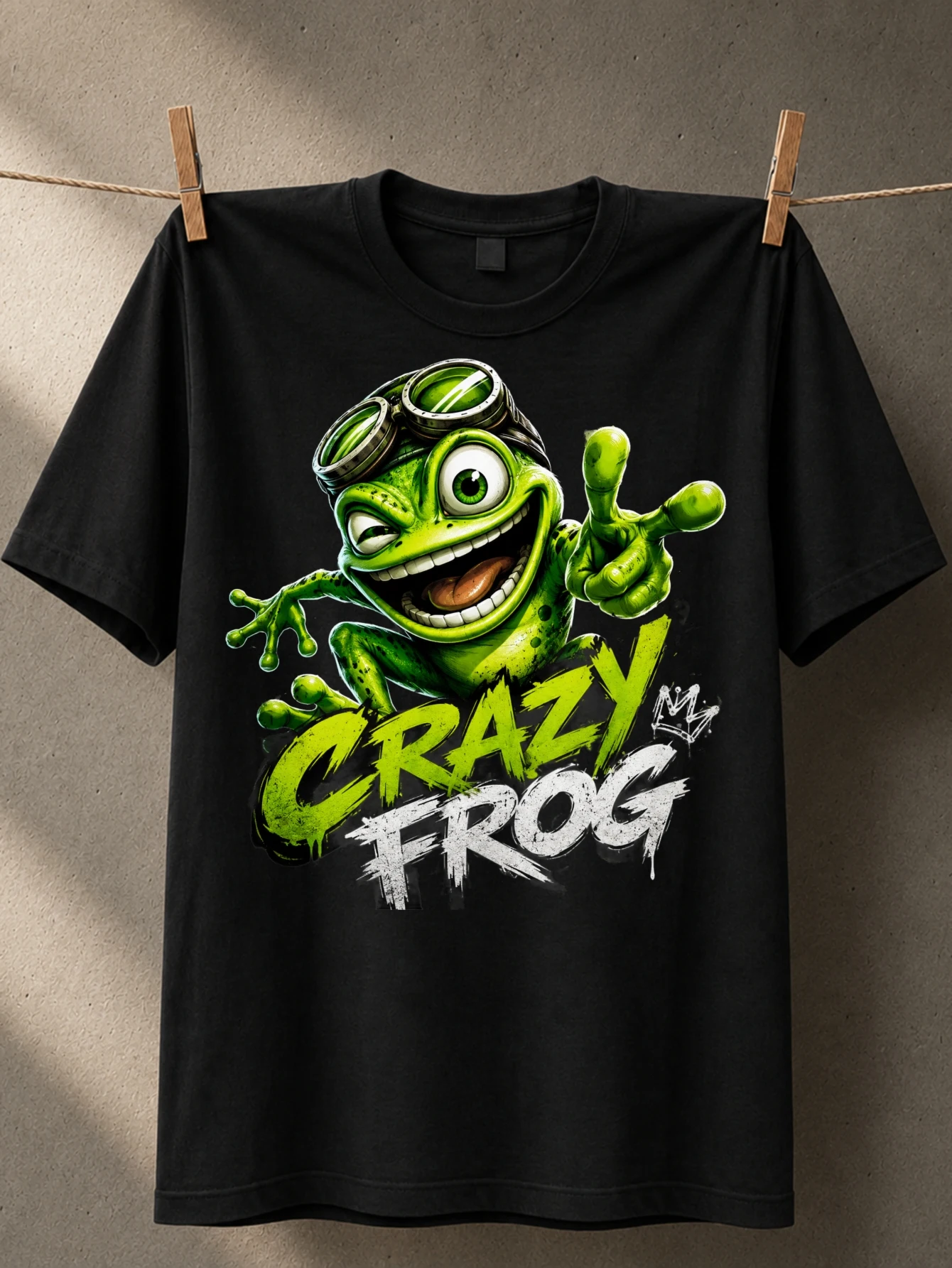 Crazy Frog winking green frog with peace sign pose graffiti letters energetic cartoon humor style  Unisex All T-Shirt