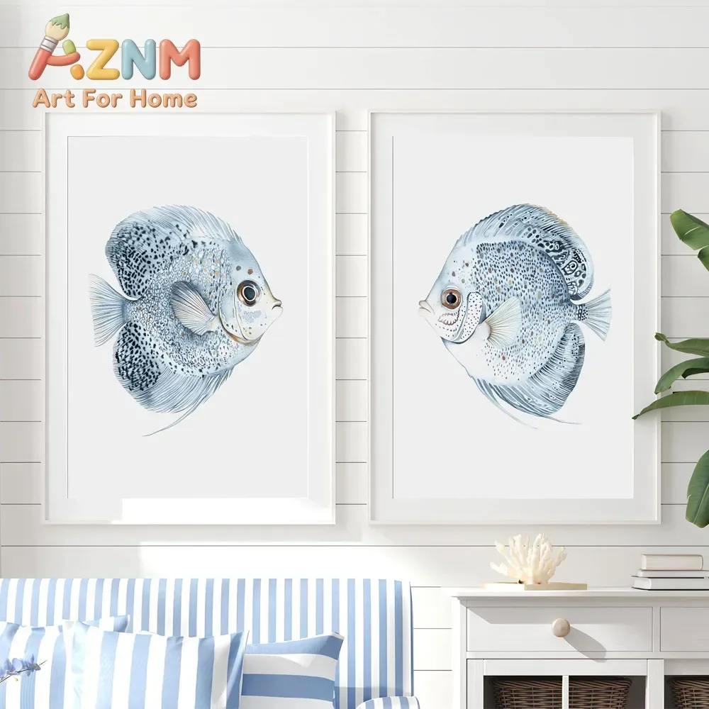 AZNM Watercolor Discus Fish Canvas Painting, Light Blue Tropical Fish Illustration Print, Coastal Nautical Beach House Living Ro