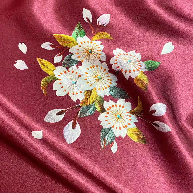 HYSK mulbery charmeuse silk satin fabric embroidery design custom digital print italian soy silk stock lot for dress robes e2800