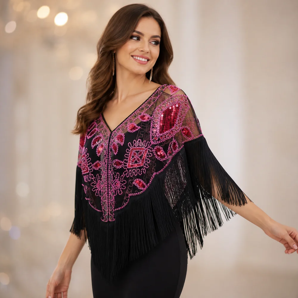 New Mesh Wrap Sequined Shawl With Tassel Cloak Cape Cover Up Tulle Shawl Sheer See Through Fringe Shawl Women