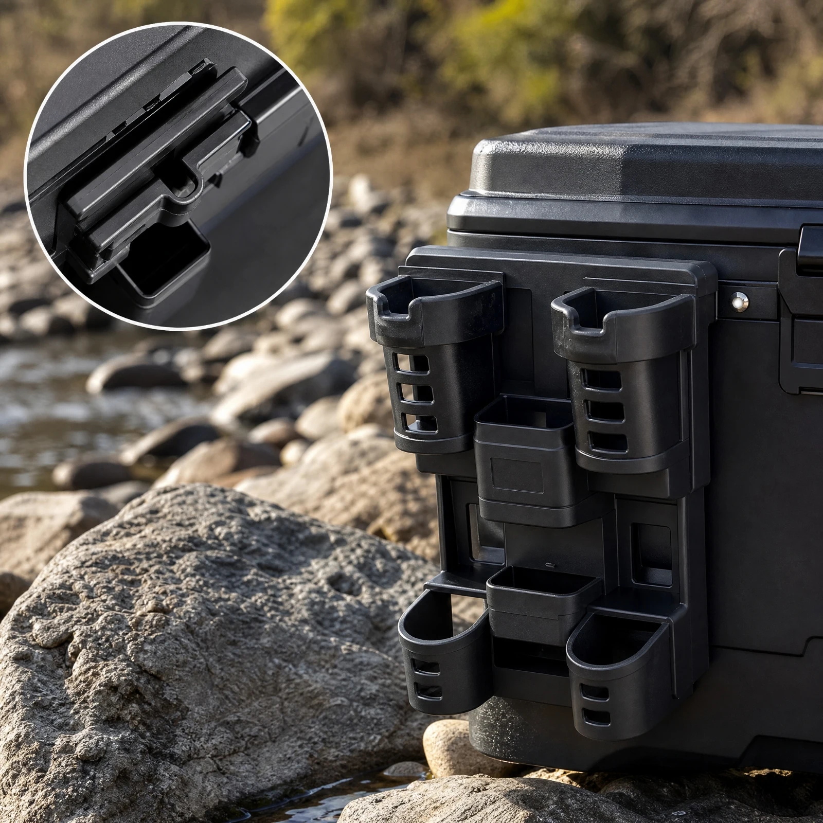 Tackle Box Side Rod Holder with Storage Compartments Heavy-Duty Snap-on Tackle Box Rod Holder Tangle-No-Fuss to Assemble