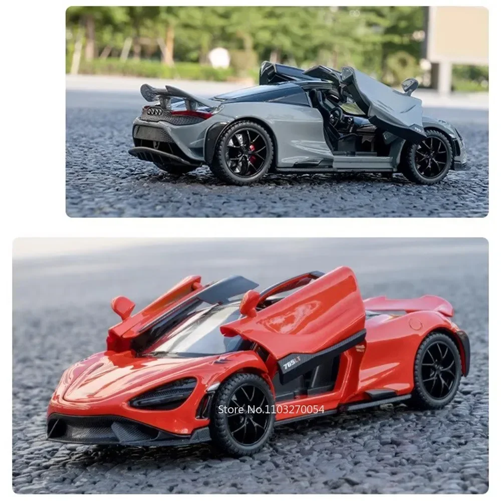 Coche de juguete 1:32 765LT, modelo de aleación fundido a presión, coches súper deportivos, cuerpo de Metal, neumáticos de goma, puertas, sonido abierto, luz, juguete extraíble, regalo para niños