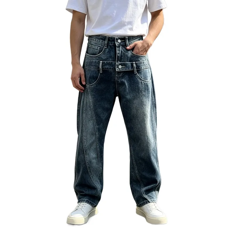 Men's Fashion Vintage Vibe Style Hip Hop Jeans Pants Loose Fit Y2K Streetwear Denim Trousers Double Waist Retro Jeans