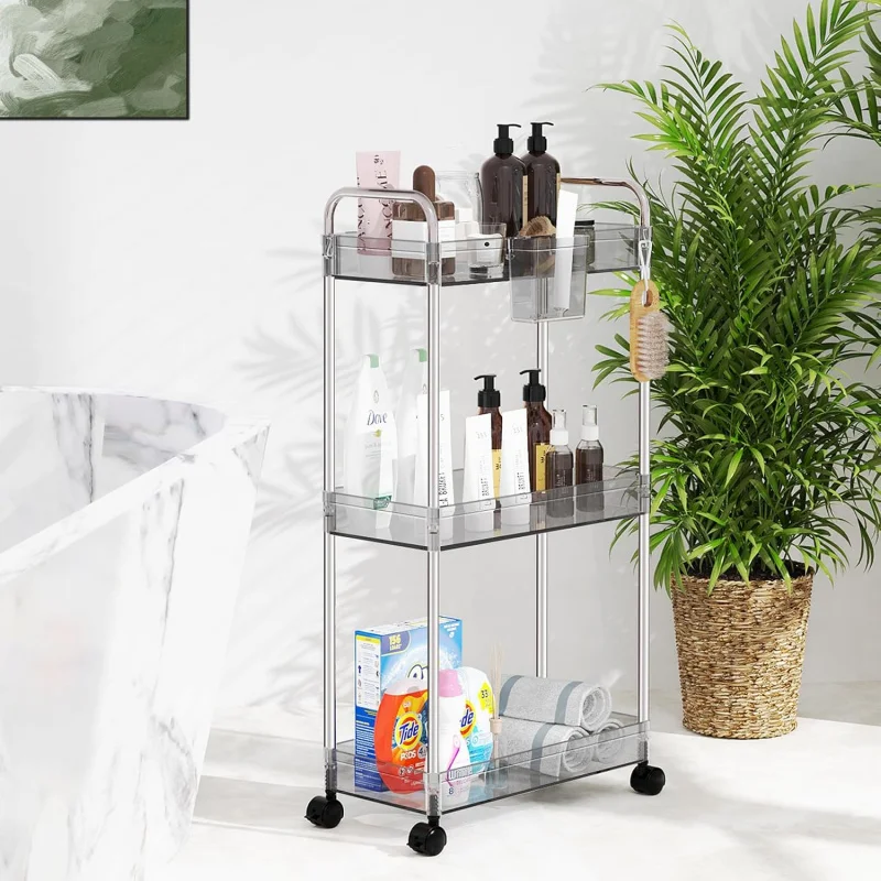 Storage Rolling Cart 3 Tier Acrylic Bathroom Cart Organizer, Mobile Shelving Unit Laundry Room Organization Multifunction Utilit