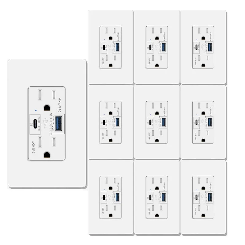 USB C Outlet PD3.0,GreenCycle 10PK GaN 65W Type C Outlet,Fast Charging USB-C Charger,15Amp Tamper Resistant Receptacle Plug